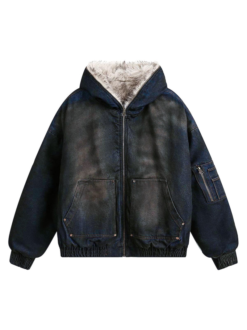 Washed Denim Fur Hooded Jacket