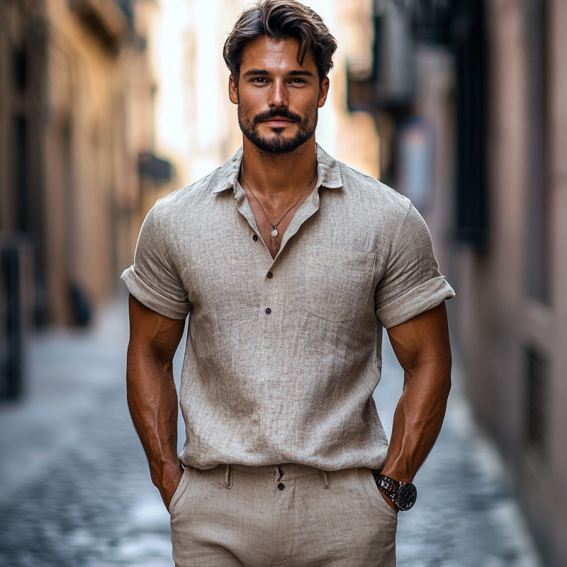 Men's Casual Linen Lapel Patch Pocket Pullover Short Sleeve Shirt