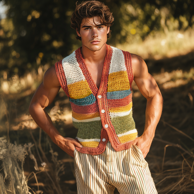 Chaleco informal de punto con cuello en V y rayas de colores para hombre