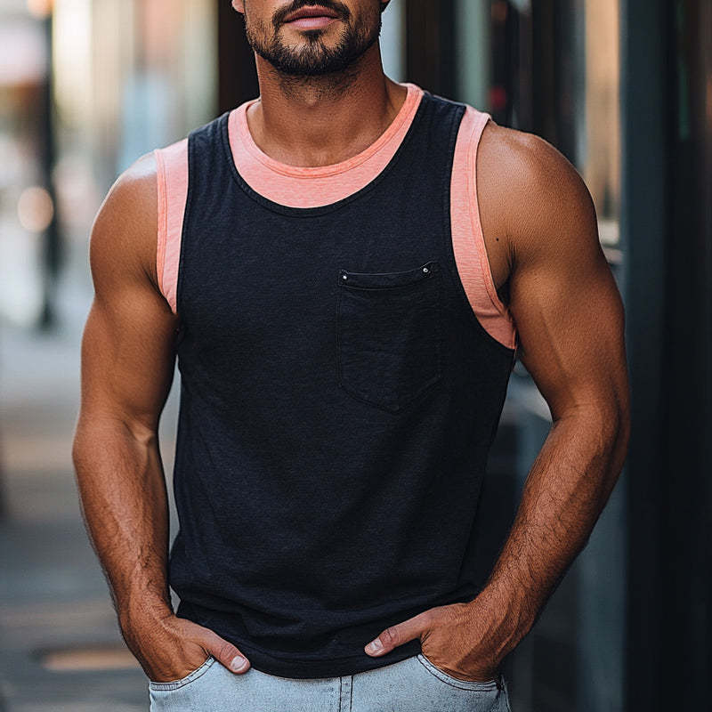 Camiseta sin mangas de algodón agradable para la piel con costuras de color en contraste para hombre