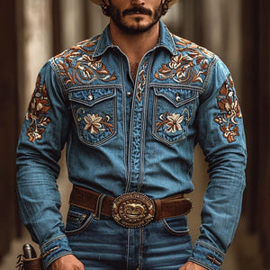 Herren-Jeanshemd im Western-Cowboy-Stil mit besticktem Revers und Brusttasche, langärmelig