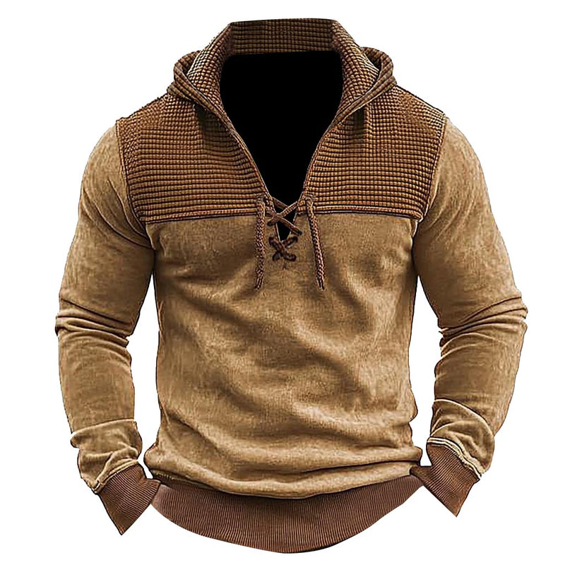 Men's Vintage Patchwork Waffle Lace-up Hoodie