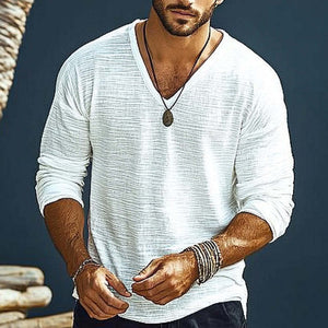Lockeres, strukturiertes Langarm-T-Shirt mit V-Ausschnitt für Herren