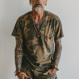 Men's Vintage Camo Print V-Neck Chest Pocket Short Sleeve T-Shirt
