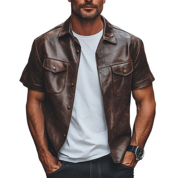 Herren Sommer Vintage Braunes Leder Kurzarmhemd
