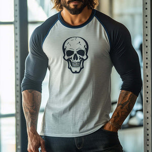 Camiseta deportiva informal de manga larga con cuello redondo y estampado de calavera retro para hombre