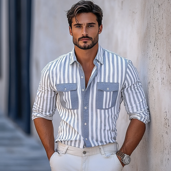 Men's Casual Stripe Print Lapel Chest Pocket Slim Fit Long Sleeve Shirt