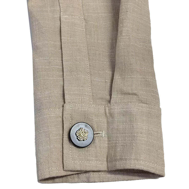 Camisa informal de lino con solapa bordada y manga larga suelta para hombre