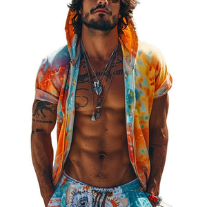 Men's Tie-dye Printed Hooded Short Sleeve Zip Hoodie