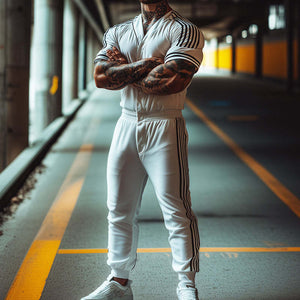 Men's Retro Casual Striped Printed Collarless Short Sleeve Jumpsuit