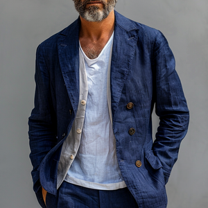 Men's Solid Cotton And Linen Notch Lapel Double Breasted Casual Blazer