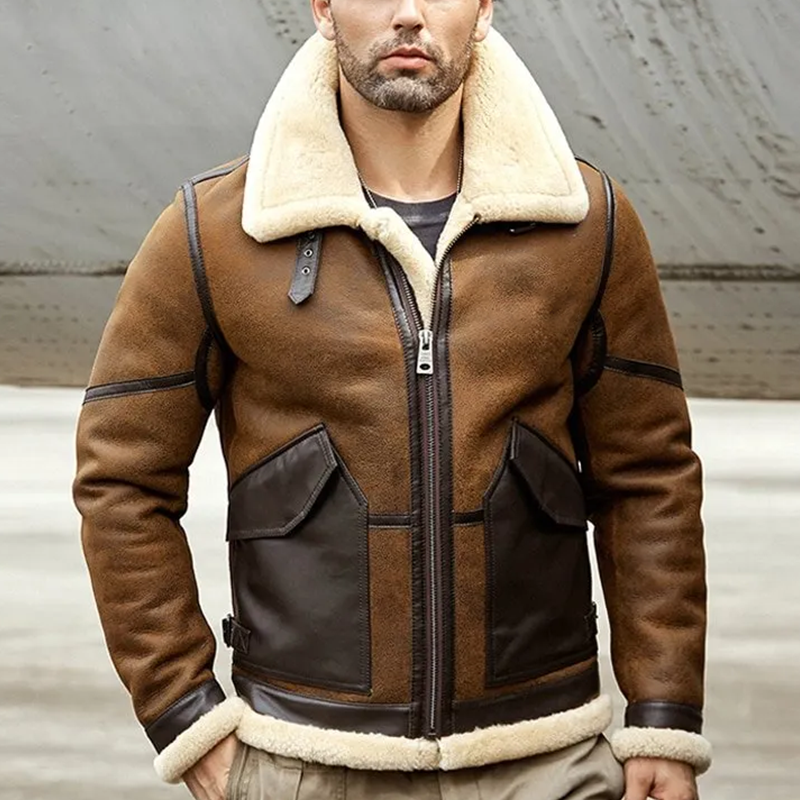 Men's Brown B3 Shearling Jacket Sheepskin Coat Leather Jacket Fur Coat Airforce Flight Jacket Winter Coats