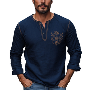Camiseta de manga larga con cuello Henley bordado de algodón y lino azul marino para hombre