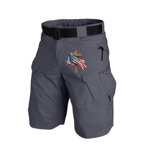 Pantalones cortos cargo tácticos de alto rendimiento con múltiples bolsillos y cintura de 11 pulgadas con bandera de EE. UU. Cinturón sin hebilla