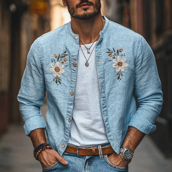 Camisa informal de lino con bordado floral y cuello alto, ajustada y de manga larga para hombre