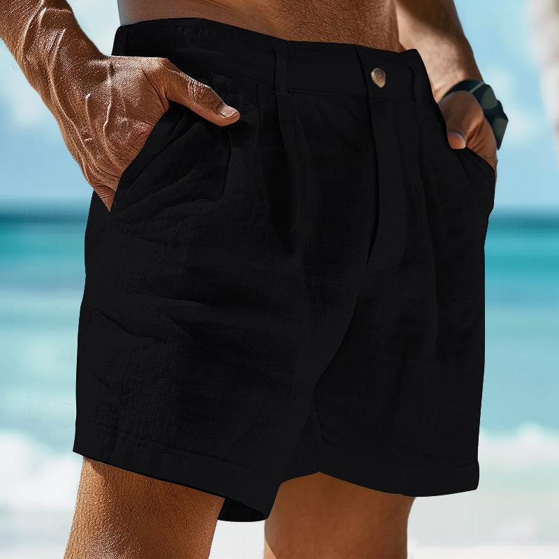 Pantalones cortos de playa de verano de lino de color liso para hombre