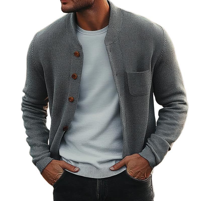 Herren-Strickjacke mit Retro-Rundhalsausschnitt und Brusttasche