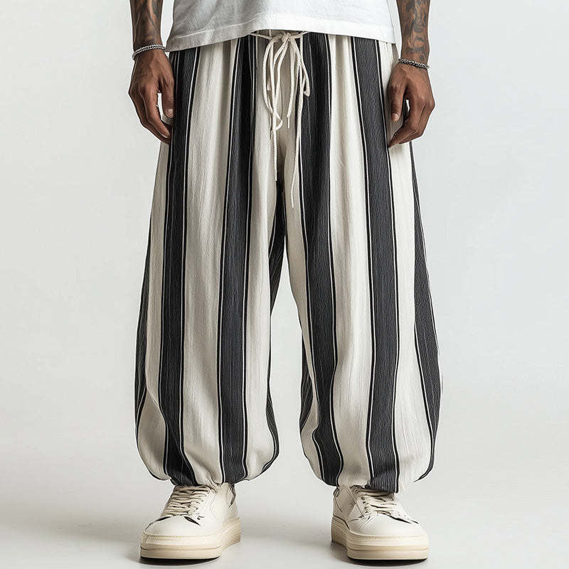Men's Black And White Wide Striped Casual Trousers