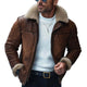 Herren Vintage Leder Lammwolle Patchwork Warm Revers Reißverschluss Mantel