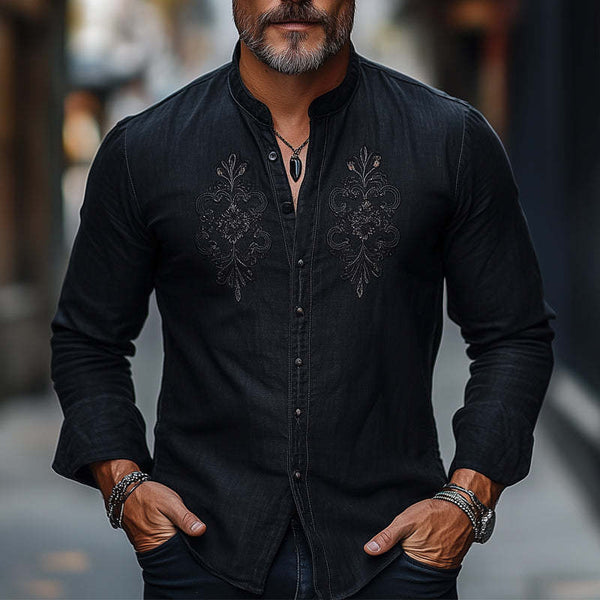Camisa informal bordada de algodón y lino, agradable para la piel, para primavera y otoño para hombre