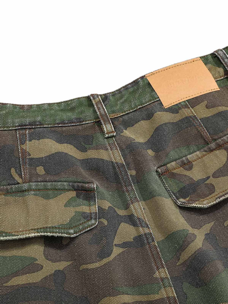 Ripped Camouflage Flared Cargo Pants