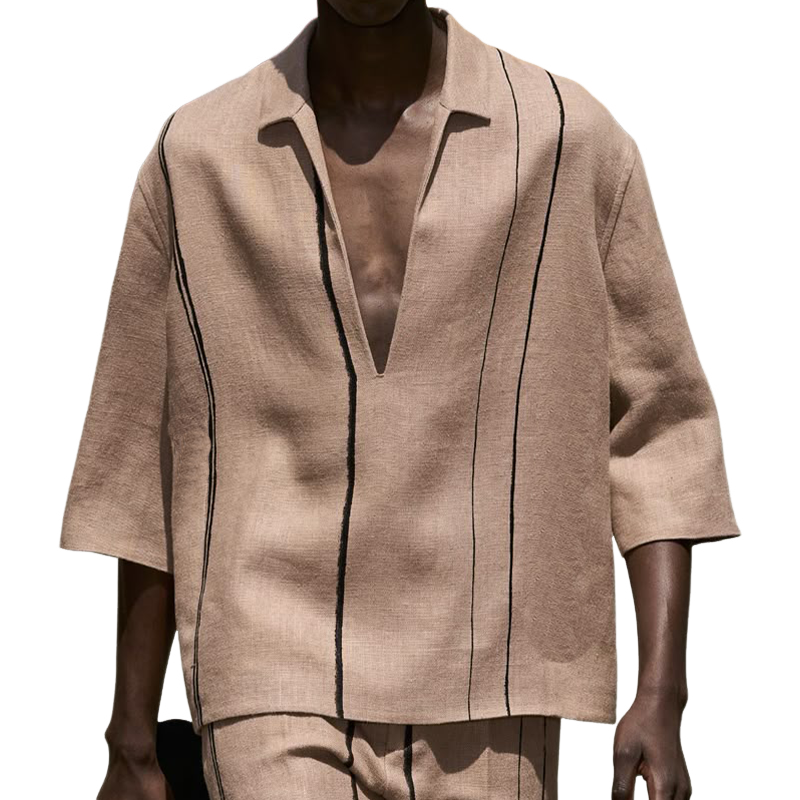 Camisa informal de algodón y lino con cuello en V y manga tres cuartos para hombre, de primavera y verano