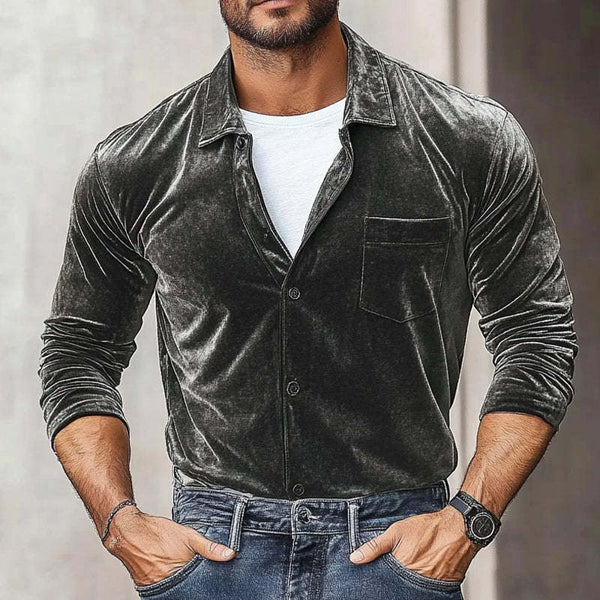 Camisa de manga larga con solapa de terciopelo para hombre