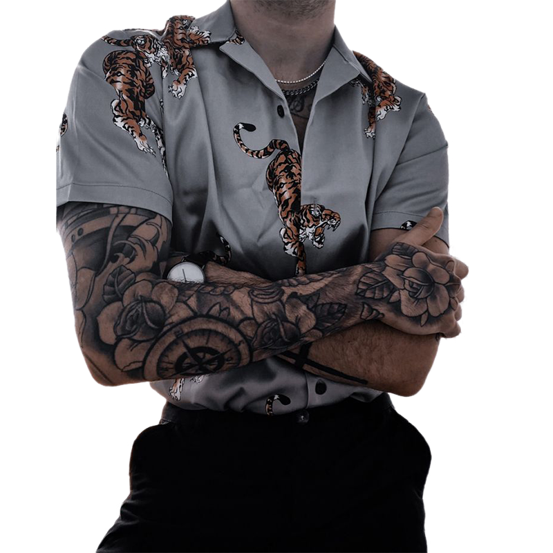 Camisa informal de manga corta de algodón con estampado de tigre para hombre, de primavera y verano