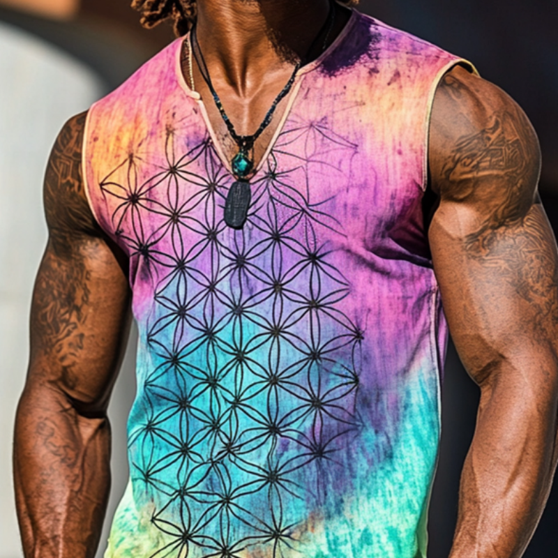 Herren-Tanktop mit V-Ausschnitt und Blumen-des-Lebens-Print im Vintage-Stil