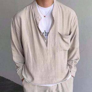 Lässiges, einfarbiges Langarmhemd mit Henley-Kragen für Herren