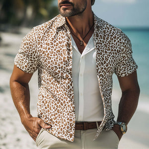 Men's Summer Fashion Giraffe Texture Print Casual Short Sleeve Shirt