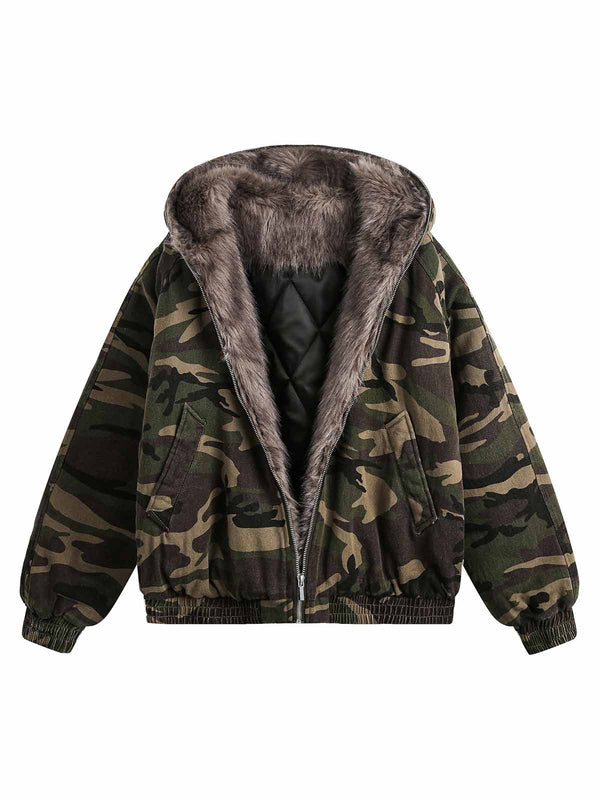 Camouflage Fur Collar Hooded Quilted Jacket