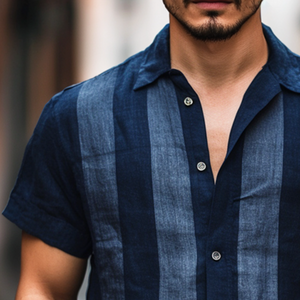 Men's Retro Stripe Print Linen Lapel Short Sleeve Shirt