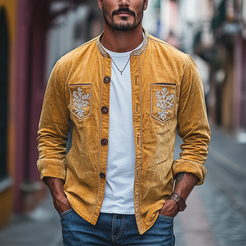 Men's Spring Fashion Retro Embroidered Suede Long Sleeve Shirt