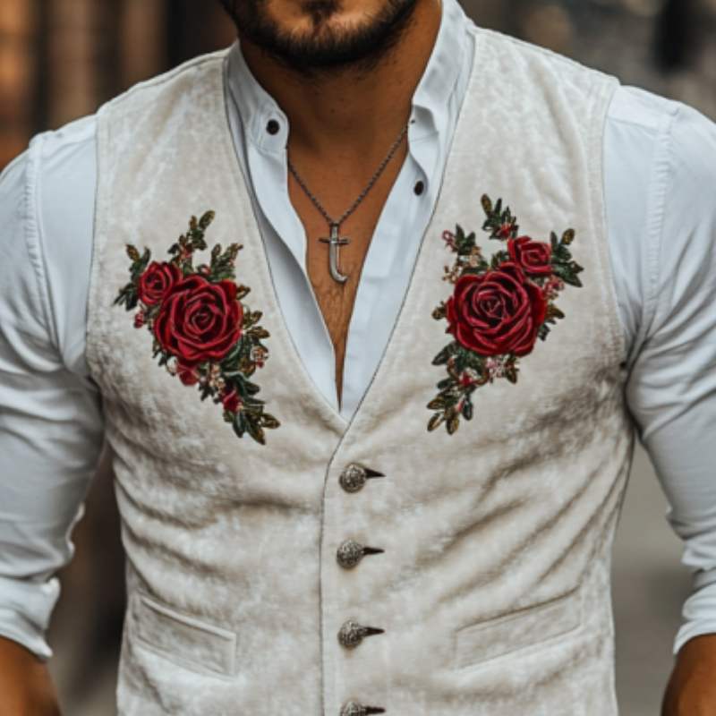 Klassische, lässige Weste für Herren im amerikanischen Retro-Stil aus Samt mit Rosenstickerei