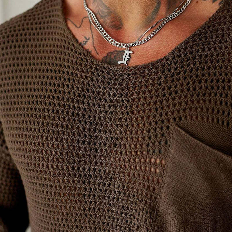Men's Knitted Loose Pocket Short Sleeve Sweater