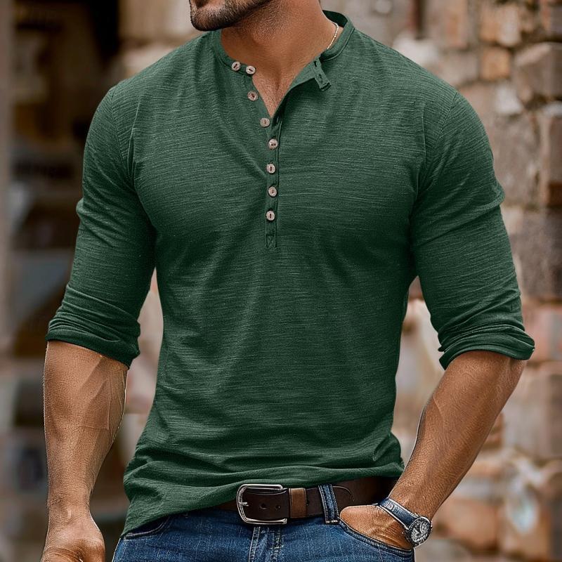 Camiseta informal de manga larga con cuello henley y múltiples botones para hombre