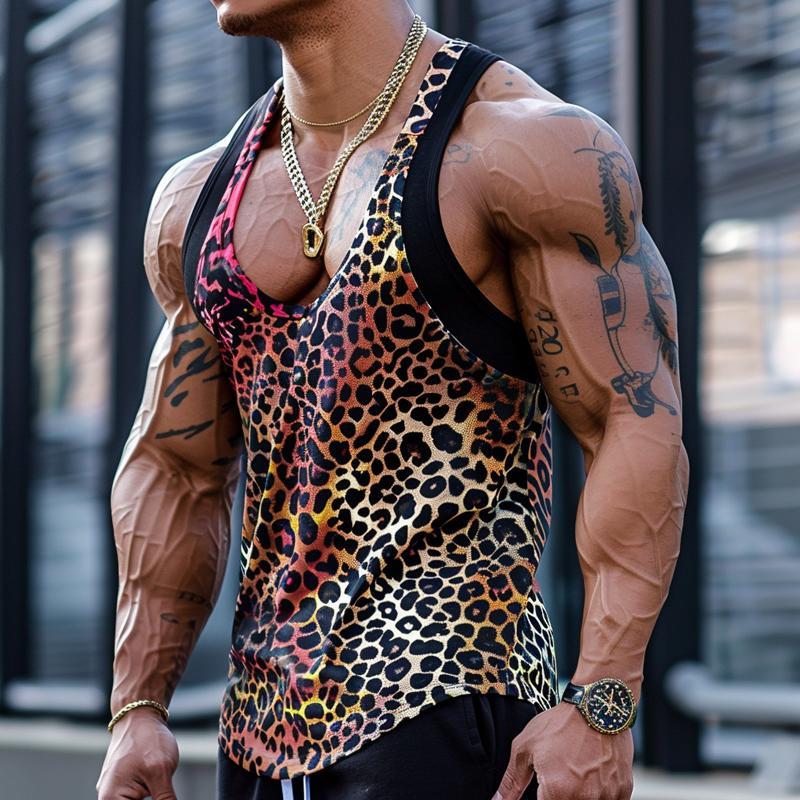 Sexy Patchwork-Tanktop mit U-Ausschnitt und Leopardenmuster für Herren