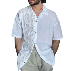 Men's Solid Color Lace Spliced Lapel Long Sleeve Shirt