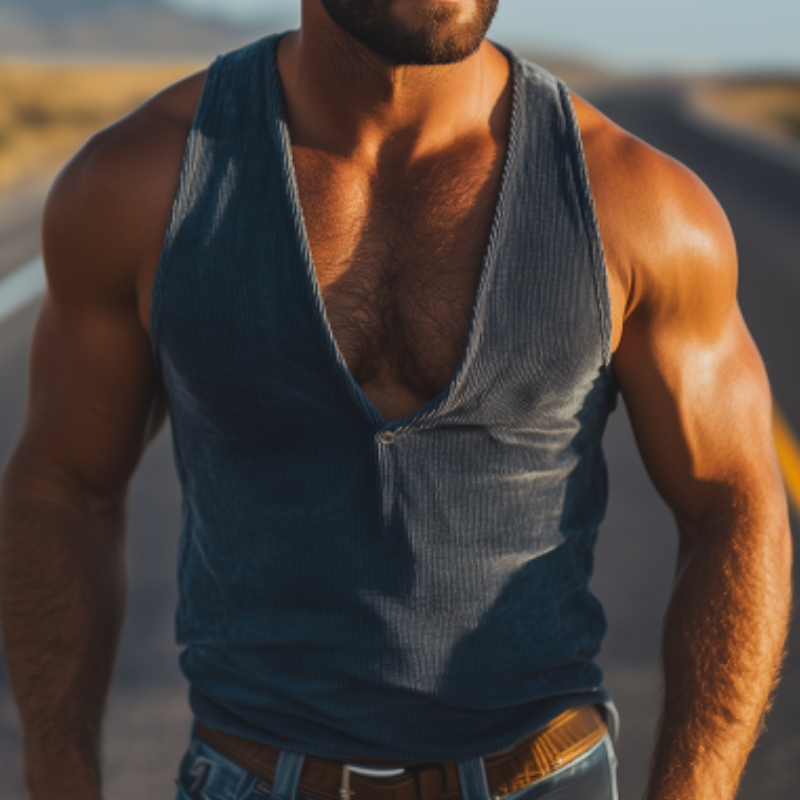 Men's Fashion Casual Western Cowboy Style Corduroy Deep V Neck Tank Top