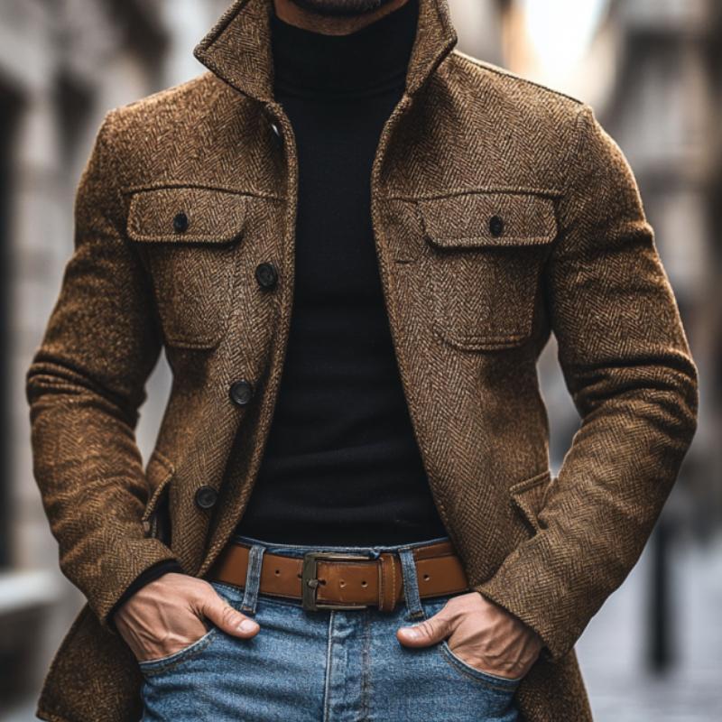 Men's Vintage Herringbone Lapel Multi-Pocket Mid-Length Coat