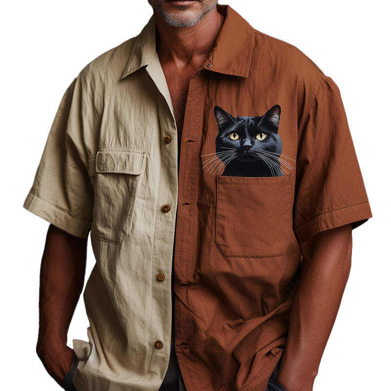 Camisa de manga corta con contraste y estampado retro de gato para hombre