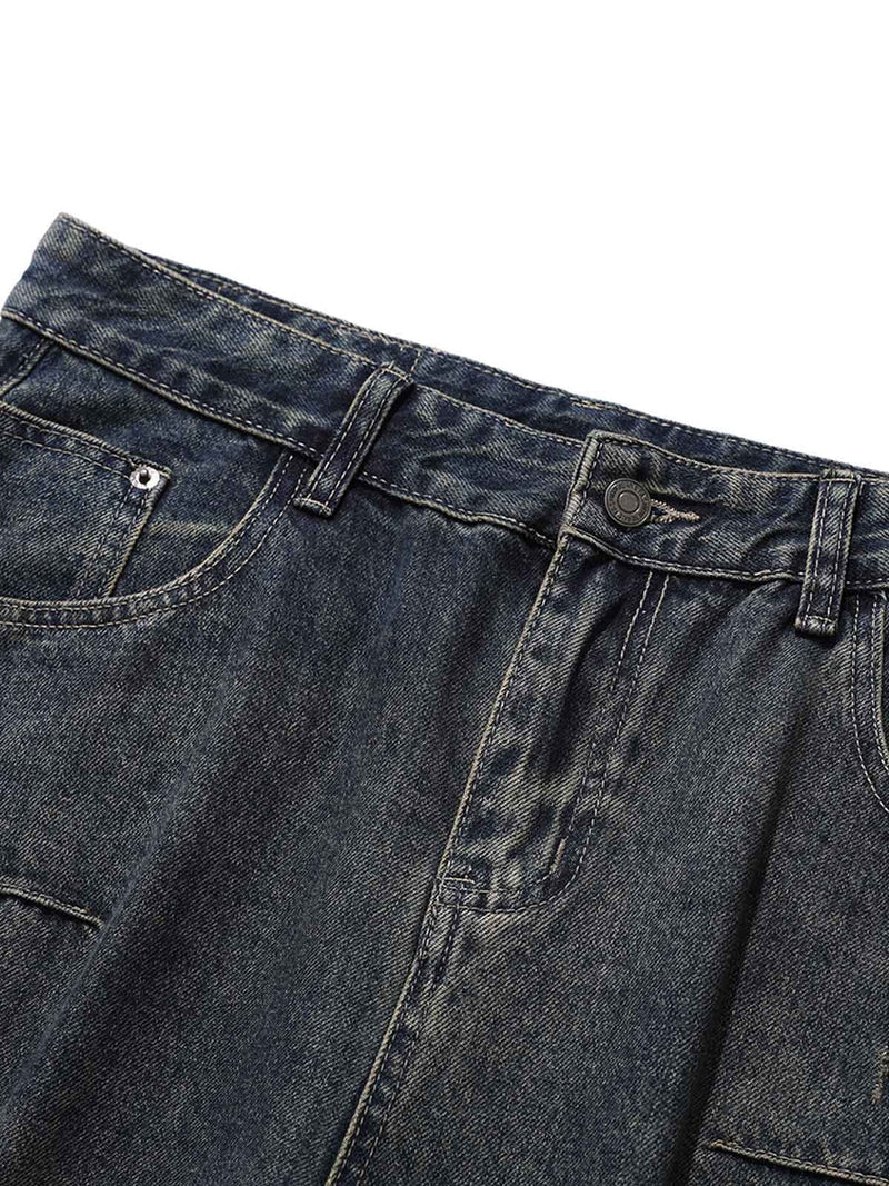 Washed Multi-Pocket Baggy Barrel Cargo Jeans