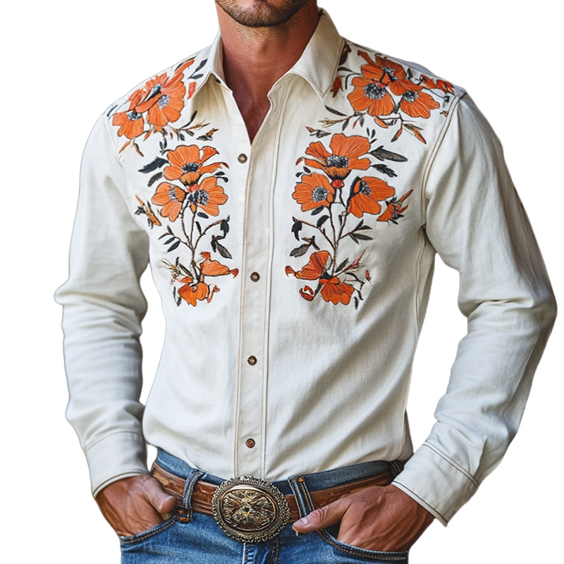 Camisa vintage de manga larga con solapa bordada para hombre