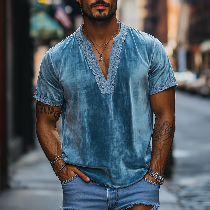 Herren Frühlingsmode Tiefer V-Ausschnitt Spitzennähte Samt Kurzarm T-Shirt