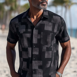Men's Simple Printed Cotton And Linen Short-Sleeved Shirt