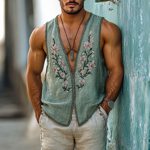 Camiseta sin mangas informal de lino con bordado de flores y cuello en V para hombre, corte entallado