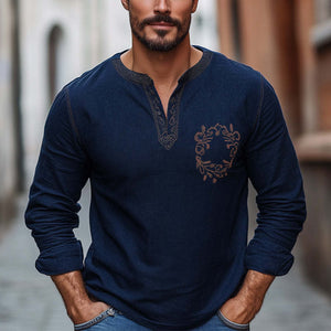 Camiseta de manga larga con cuello en V y bordado vintage de algodón y lino azul marino para hombre