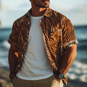 Camisa informal de manga corta con estampado de tigre retro de verano para hombre