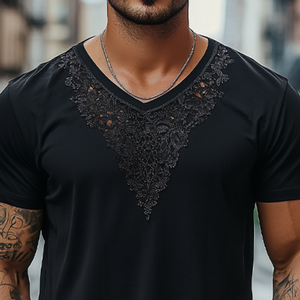Camiseta informal de algodón con cuello en V y manga corta de encaje para hombre